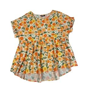 Bloomchic Floral Babydoll Blouse Orange Yellow Peplum Short Sleeve